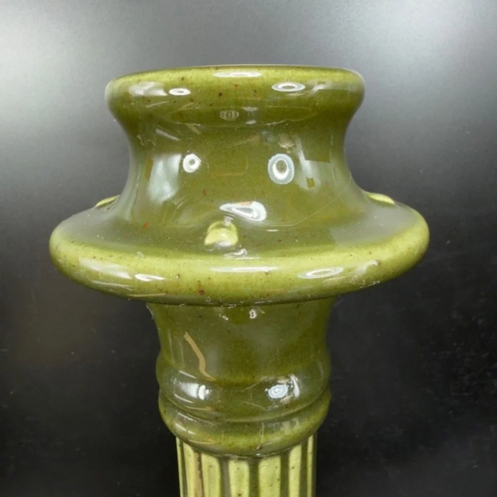 Haeger Pottery Olive Green‎ Fluted Column Candlestick Holder 1999 Craftsman Mark